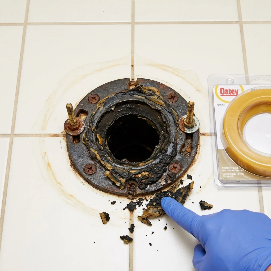 Failed wax ring showing water seepage at the base of a toilet in a Centreville, MS home