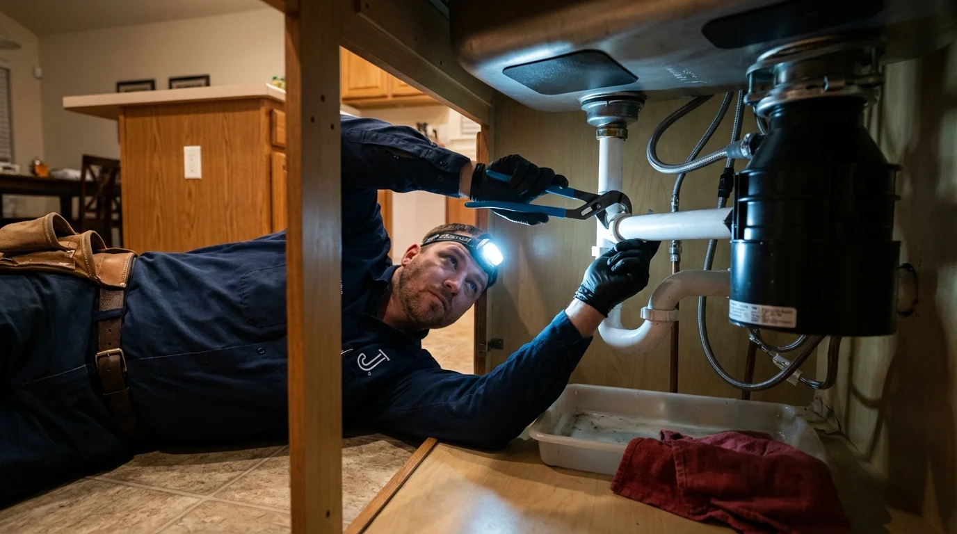 P-trap and supply line connections under a kitchen sink showing a common leak point in Centreville, MS